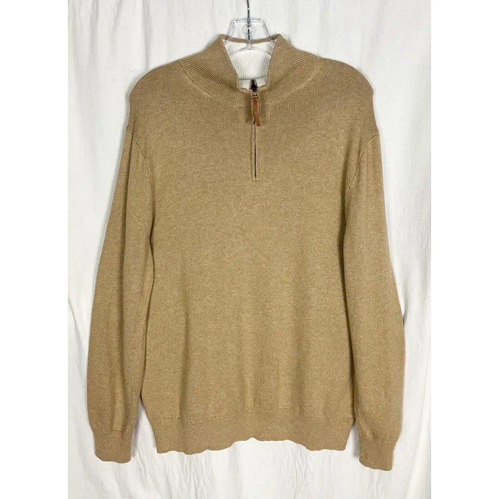 J.Crew Men 1/4 Quarter Zip Pullover Sweater Size M Tan 100% Cotton Long Sleeve